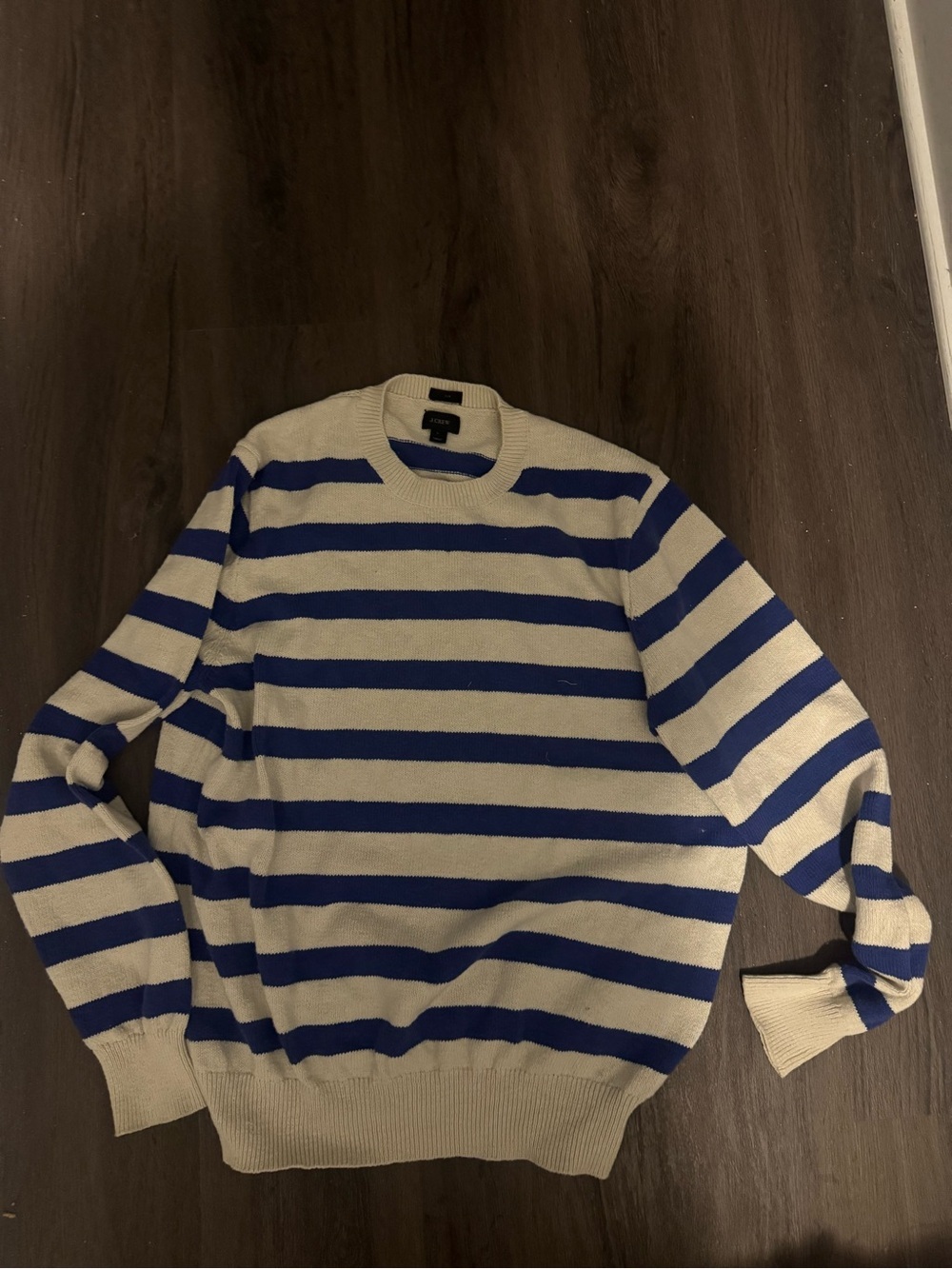 J. Crew Cream and Blue Striped Crewneck Sweater
